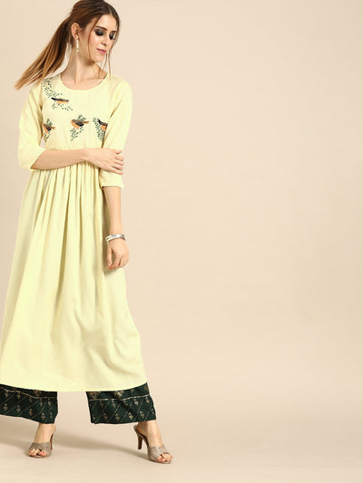 Women Yellow Calf Length Three-Quarter Sleeves A-Line Solid Solid Viscose Rayon Embroided Kurta