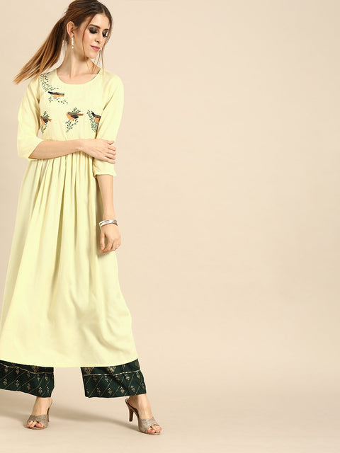 Women Yellow Calf Length Three-Quarter Sleeves A-Line Solid Solid Viscose Rayon Embroided Kurta