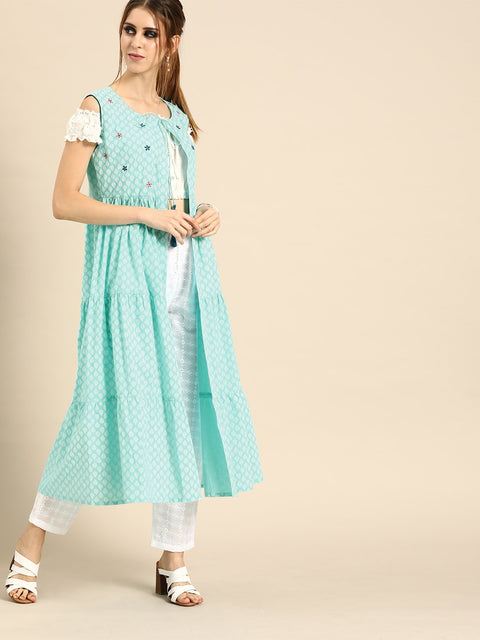 Women Longline Neck Tie-up Tired Ethnic Jacket