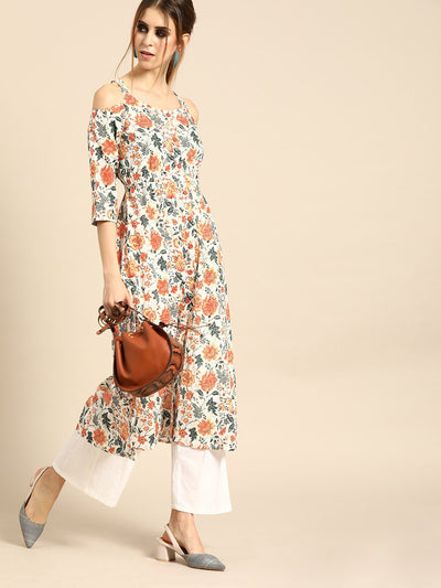 Nayo Women White Calf Length Three-Quarter Sleeves A-Line Floral Printed Cotton Kurta