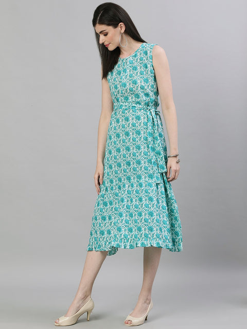 Women White Floral Printed Round Neck Cotton A-Line Dress