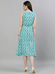 Women White Floral Printed Round Neck Cotton A-Line Dress