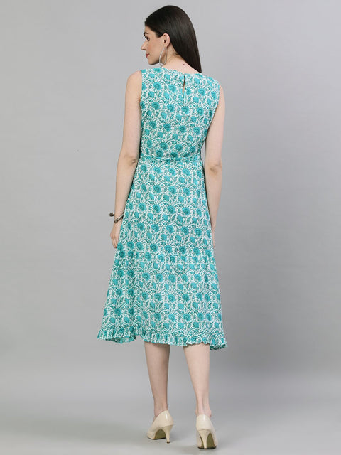 Women White Floral Printed Round Neck Cotton A-Line Dress