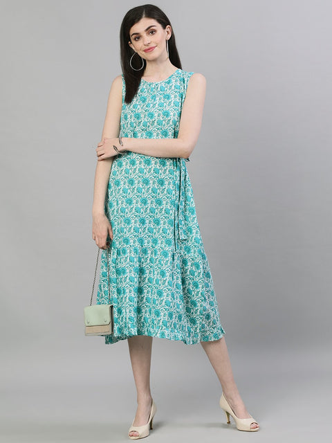 Women White Floral Printed Round Neck Cotton A-Line Dress