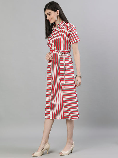 Women Red Striped Striped Shirt Collar Cotton A-Line Dress