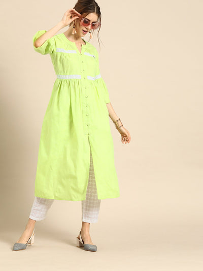 Women Pastel Green Three-Quarter Sleeves Solid Flared Pure Cotton Kurta with Schiffli Trouser