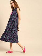 Women Indigo Blue Calf Length Sleeveless A-Line Bandhani Printed Cotton Kurta