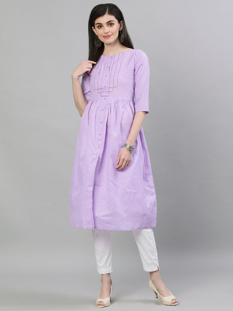 Women Lavender Calf Length Three-Quarter Sleeves A-Line Solid Solid Cotton Kurta