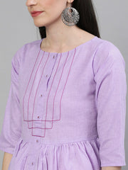 Women Lavender Calf Length Three-Quarter Sleeves A-Line Solid Solid Cotton Kurta