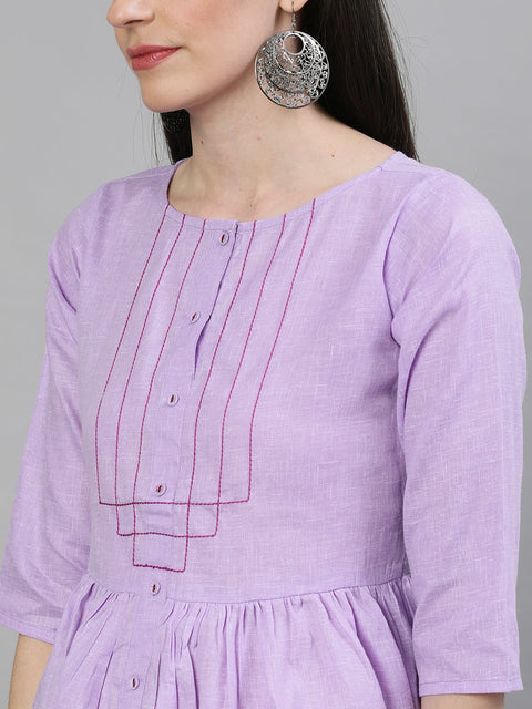 Women Lavender Calf Length Three-Quarter Sleeves A-Line Solid Solid Cotton Kurta