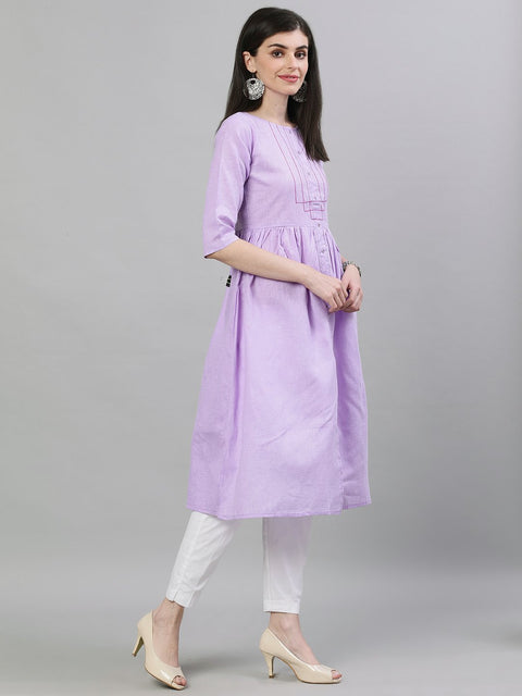 Women Lavender Calf Length Three-Quarter Sleeves A-Line Solid Solid Cotton Kurta