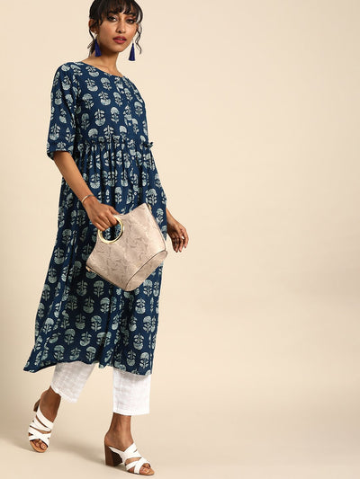 Women Indigo Blue Calf Length Three-Quarter Sleeves A-Line Floral Printed Cotton Kurta