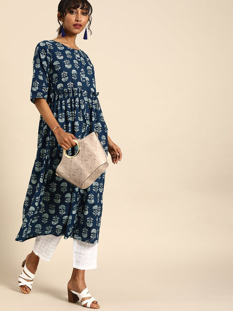 Women Indigo Blue Calf Length Three-Quarter Sleeves A-Line Floral Printed Cotton Kurta