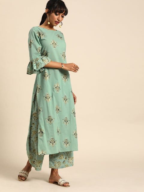 Nayo Women Pistachio Green Three-Quarter Sleeves Printed Straight Pure Cotton Kurta with Palazzo
