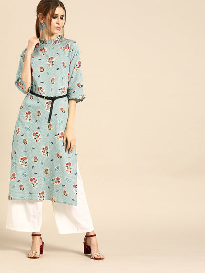 Nayo Women Green Calf Length Three-Quarter Sleeves Straight Floral Printed Cotton Kurta