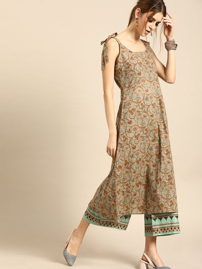 Women Brown Sleeveless Printed Flared Pure Cotton Kurta with Culottes