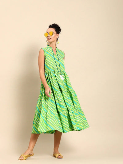 Women Green Calf Length Sleeveless A-Line Leheriya Striped Cotton Kurta