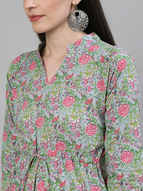 Women Light Grey Calf Length Three-Quarter Sleeves A-Line Floral Printed Cotton Kurta