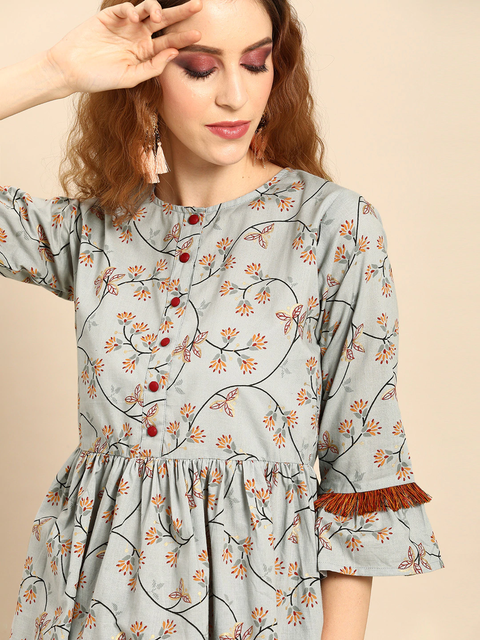 Women Grey  Printed Flared Floral Knitted Pure Cotton Kurti