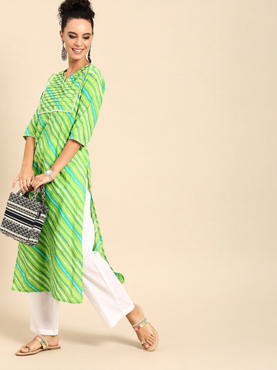 Women Green Three-Quarter Sleeves Striped Straight Pure Cotton Kurta with Palazzo Set