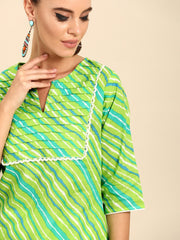 Women Green Three-Quarter Sleeves Striped Straight Pure Cotton Kurta with Palazzo Set