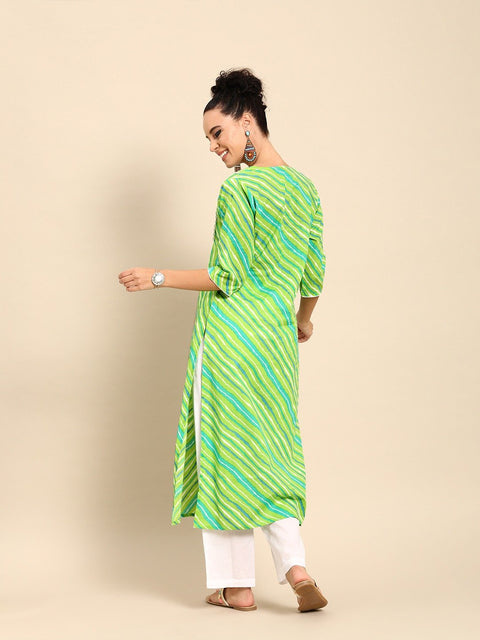 Women Green Three-Quarter Sleeves Striped Straight Pure Cotton Kurta with Palazzo Set