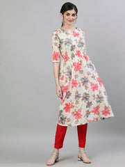 Women Cream Calf Length Three-Quarter Sleeves A-Line Floral Printed Cotton Kurta