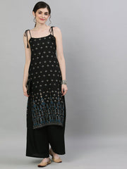 Women Black Calf Length Sleeveless Straight Ethnic Motifs Printed Cotton Kurta