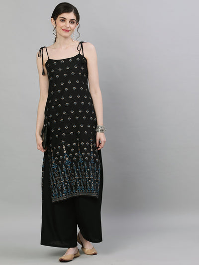 Women Black Calf Length Sleeveless Straight Ethnic Motifs Printed Cotton Kurta