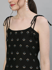 Women Black Calf Length Sleeveless Straight Ethnic Motifs Printed Cotton Kurta