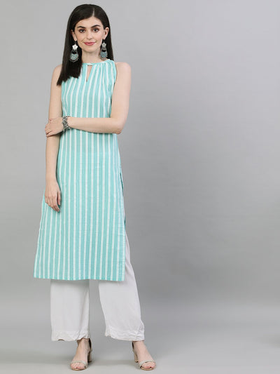 Women Aqua Green Calf Length Sleeveless Straight Striped Printed Cotton Kurta