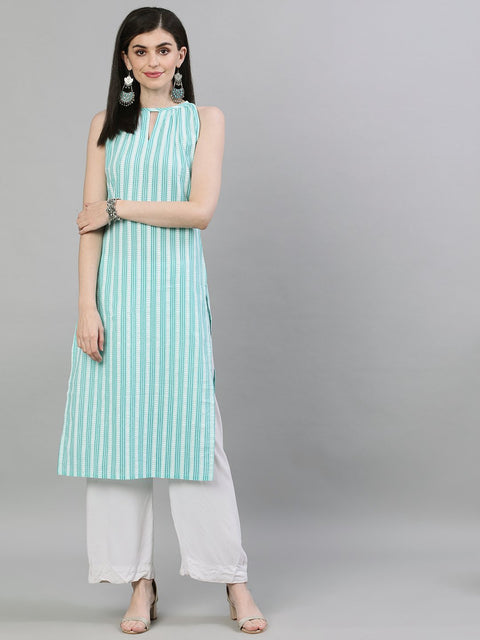 Women Aqua Green Calf Length Sleeveless Straight Striped Printed Cotton Kurta