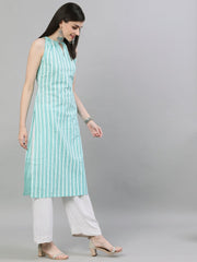 Women Aqua Green Calf Length Sleeveless Straight Striped Printed Cotton Kurta