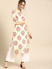 Women Cream Calf Length Three-Quarter Sleeves Straight Ethnic Motifs Printed Cotton Kurta