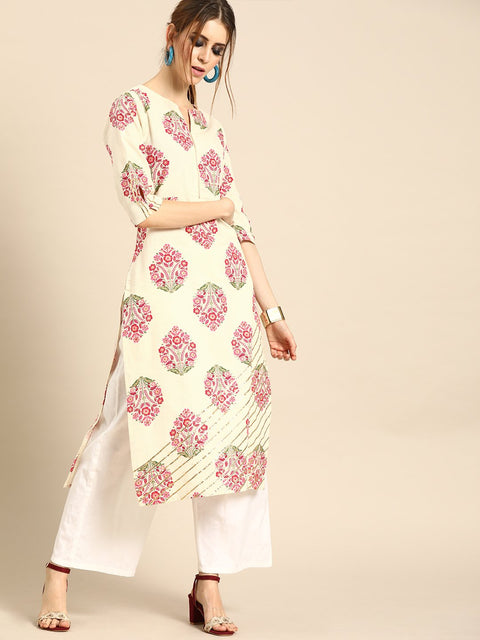 Women Cream Calf Length Three-Quarter Sleeves Straight Ethnic Motifs Printed Cotton Kurta