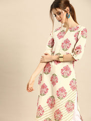 Women Cream Calf Length Three-Quarter Sleeves Straight Ethnic Motifs Printed Cotton Kurta