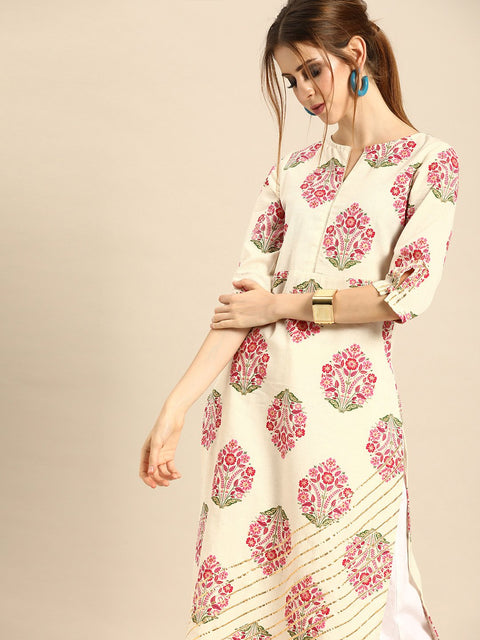 Women Cream Calf Length Three-Quarter Sleeves Straight Ethnic Motifs Printed Cotton Kurta