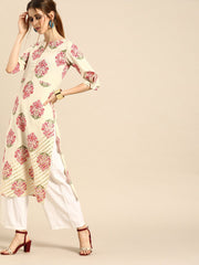 Women Cream Calf Length Three-Quarter Sleeves Straight Ethnic Motifs Printed Cotton Kurta