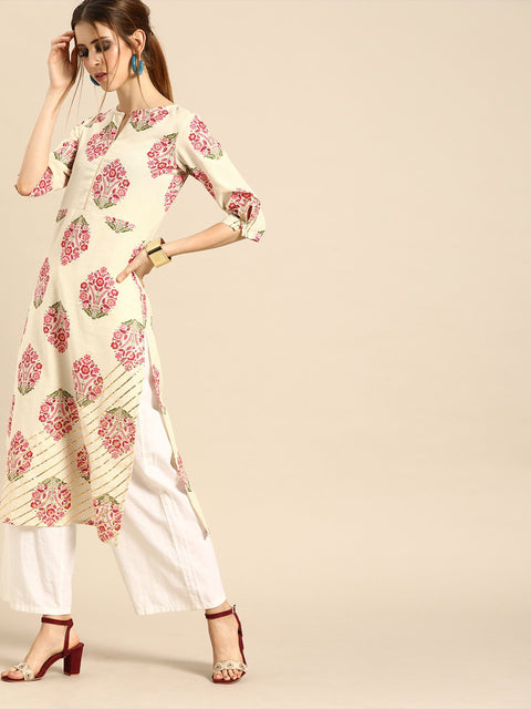 Women Cream Calf Length Three-Quarter Sleeves Straight Ethnic Motifs Printed Cotton Kurta