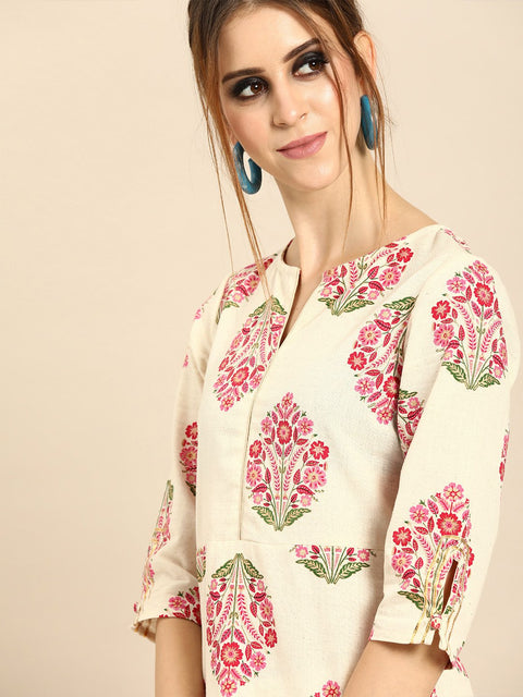 Women Cream Calf Length Three-Quarter Sleeves Straight Ethnic Motifs Printed Cotton Kurta