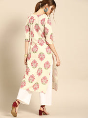 Women Cream Calf Length Three-Quarter Sleeves Straight Ethnic Motifs Printed Cotton Kurta