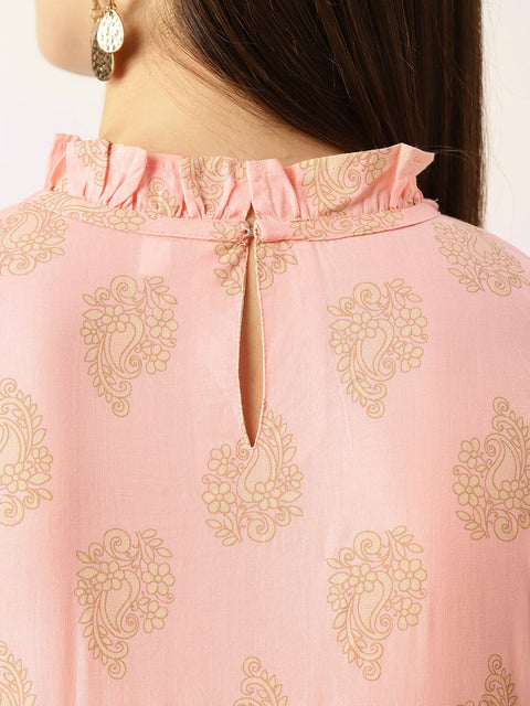 Women Pink Calf Length Three-Quarter Sleeves Straight Ethnic Motifs Printed Cotton Kurta