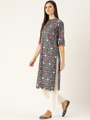 Women Blue Calf Length Three-Quarter Sleeves Straight Floral Printed Cotton Kurta