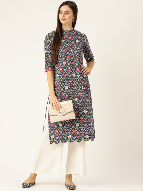 Women Blue Calf Length Three-Quarter Sleeves Straight Floral Printed Cotton Kurta