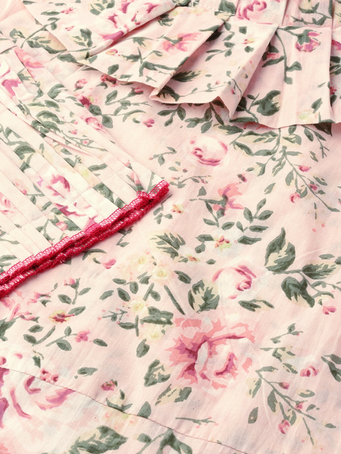 Women Pastel Pink Calf Length Three-Quarter Sleeves Straight Floral Printed  Kurta