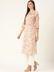 Women Pastel Pink Calf Length Three-Quarter Sleeves Straight Floral Printed  Kurta