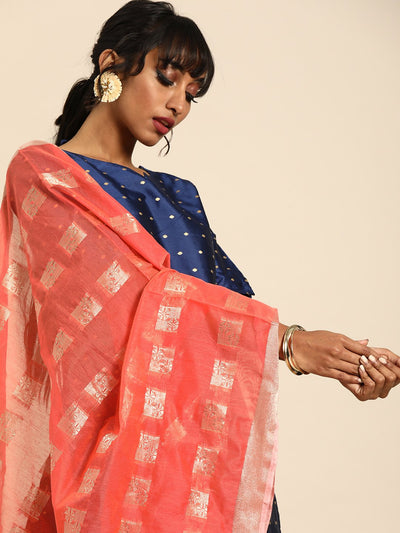 Peach & Gold-Coloured Chanderi Woven Design Dupatta