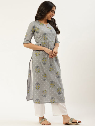 Women Light Grey Calf Length Three-Quarter Sleeves Straight Floral Cotton Kurta