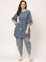 Women Indigo Three-Quarter Sleeves Flared Kurta and Dhoti Pant set