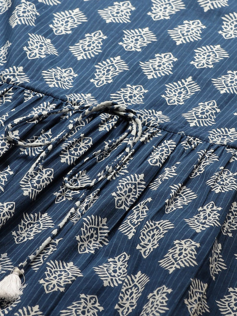 Women Indigo Three-Quarter Sleeves Flared Kurta and Dhoti Pant set